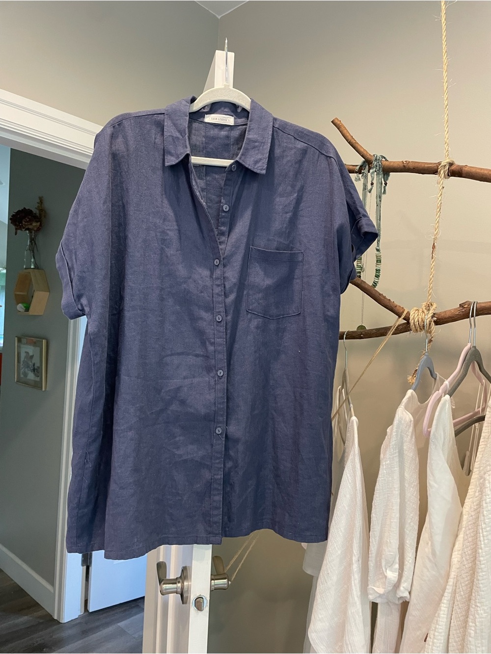 Luna lounge blue linen blend button down top L